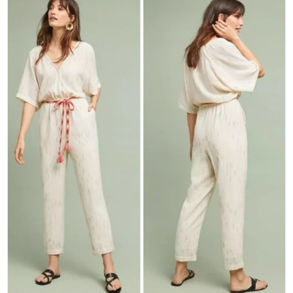 Anthropologie Feather Bone Soleil Neutral Lurex Jumpsuit